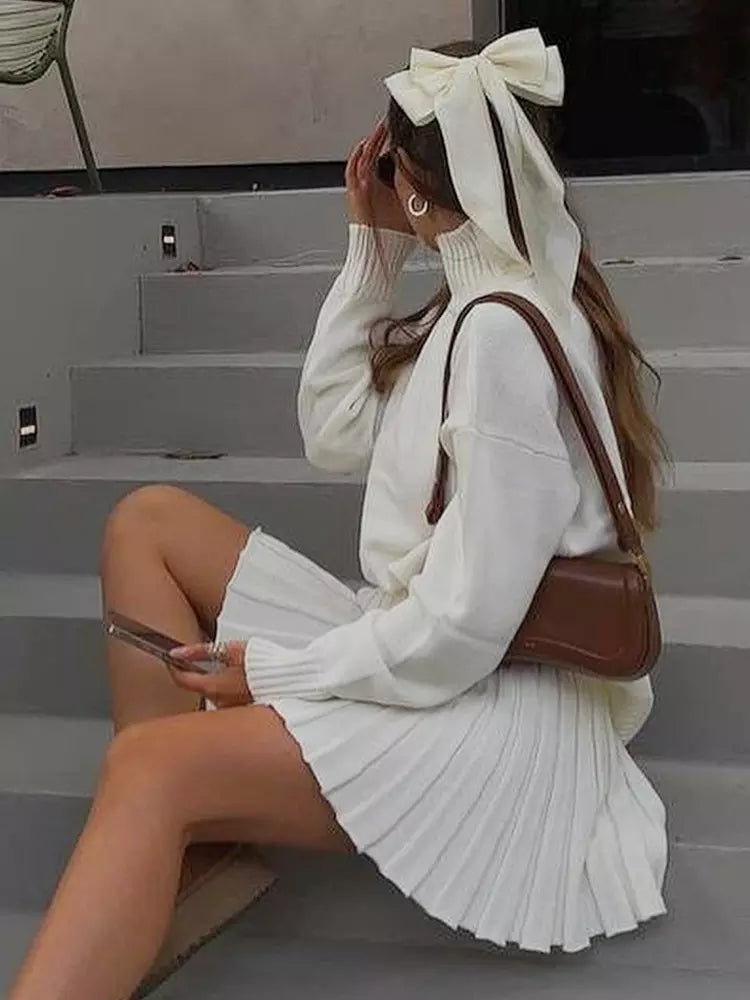 Casual Turtleneck Sweater And Pleated Skirt Two Piece Set Mssza
