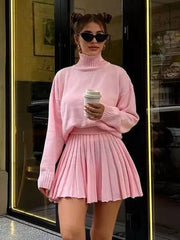Casual Turtleneck Sweater And Pleated Skirt Two Piece Set Mssza