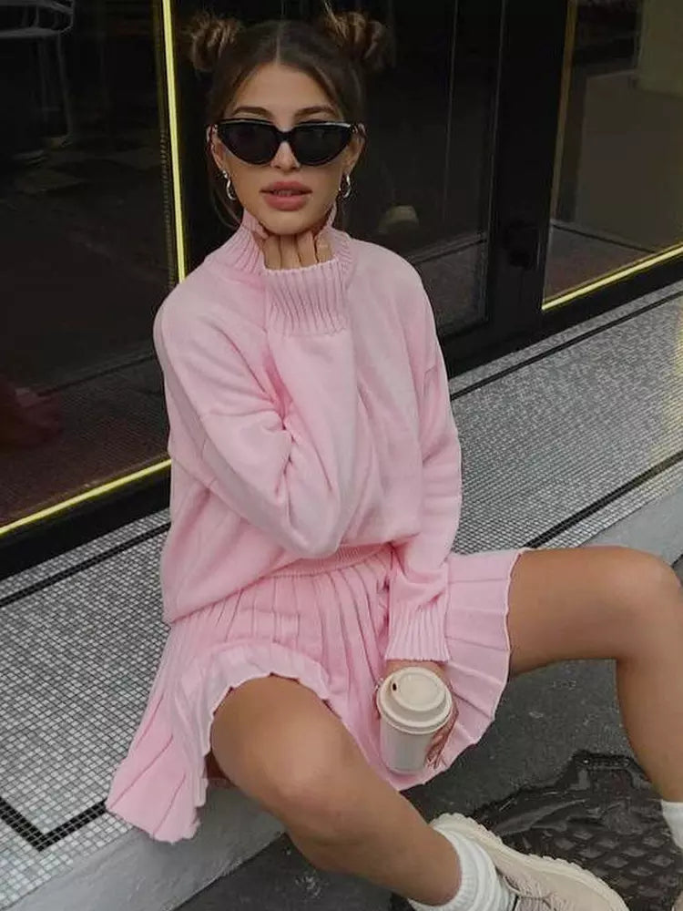 Casual Turtleneck Sweater And Pleated Skirt Two Piece Set Mssza