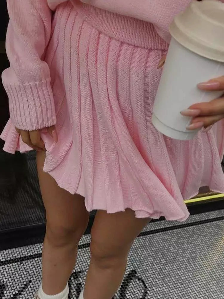 Casual Turtleneck Sweater And Pleated Skirt Two Piece Set Mssza