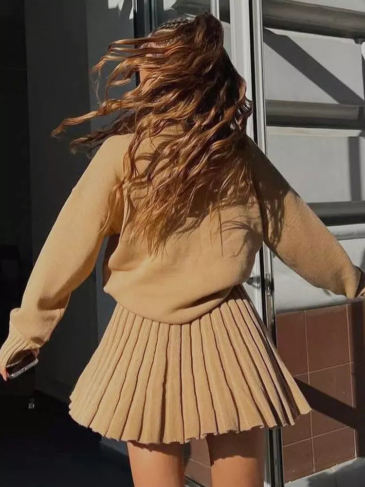 Casual Turtleneck Sweater And Pleated Skirt Two Piece Set Mssza