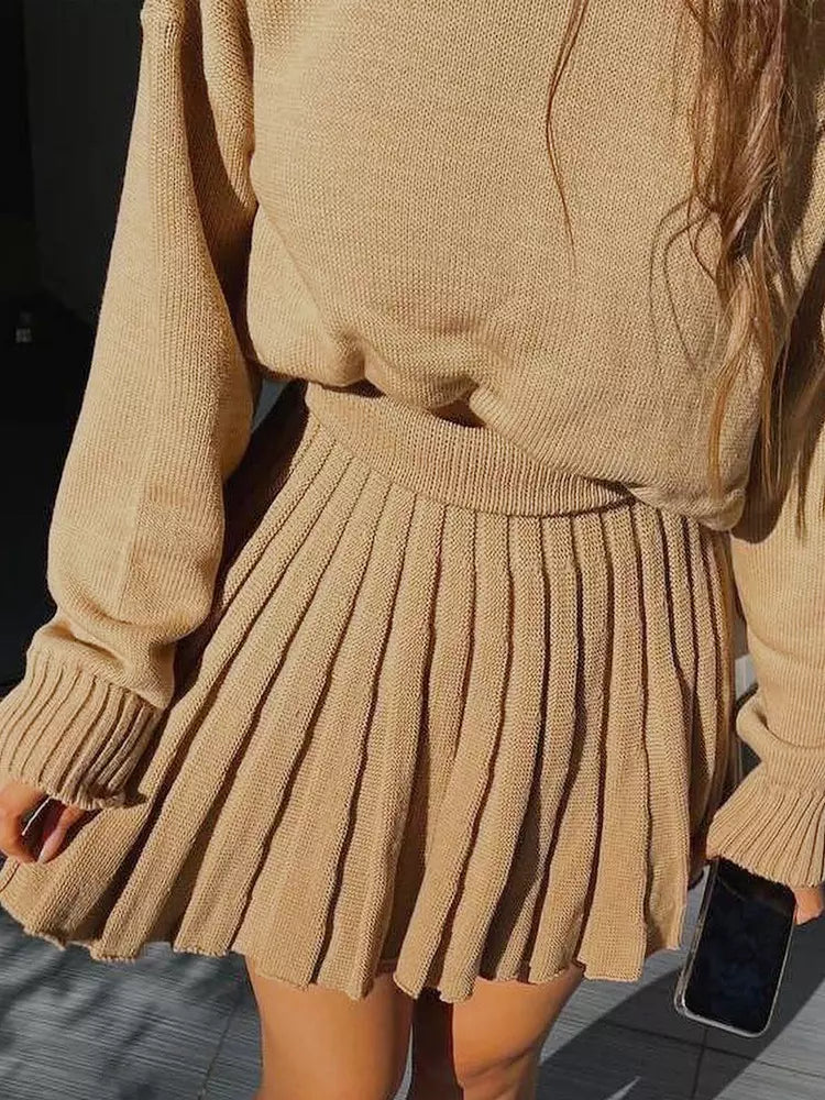 Casual Turtleneck Sweater And Pleated Skirt Two Piece Set Mssza