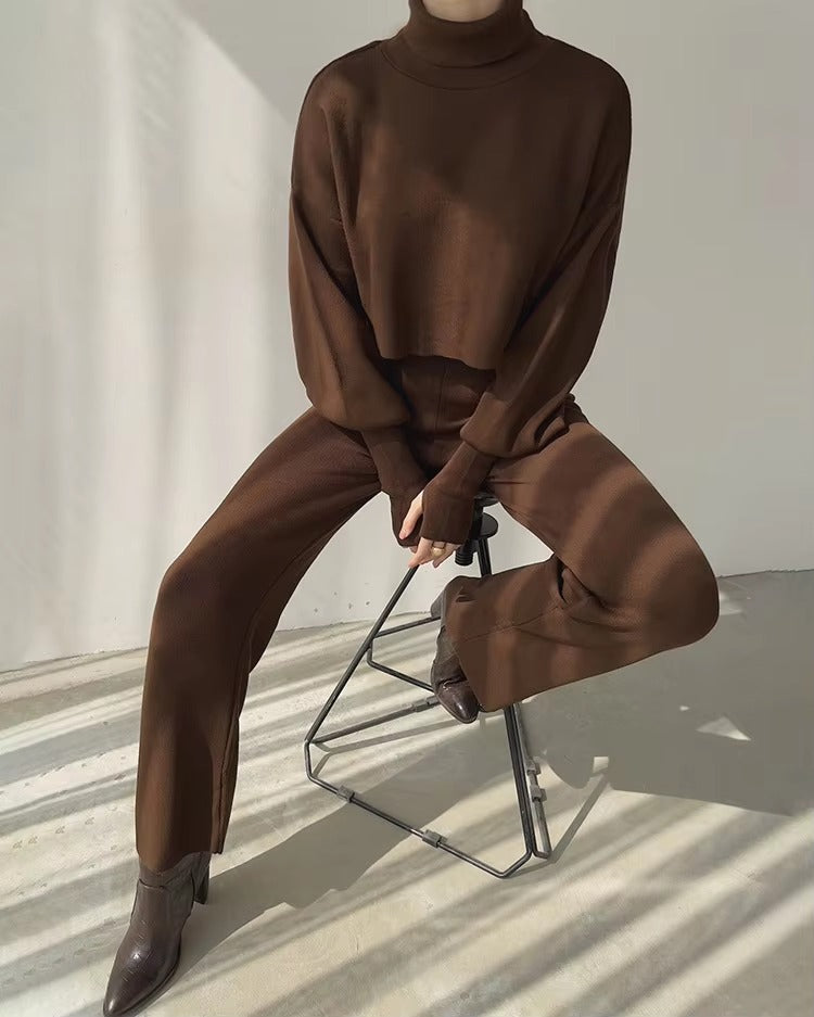Casual Turtleneck Tops And Loose Wide Leg Pants Two Pieces Sets Mssza
