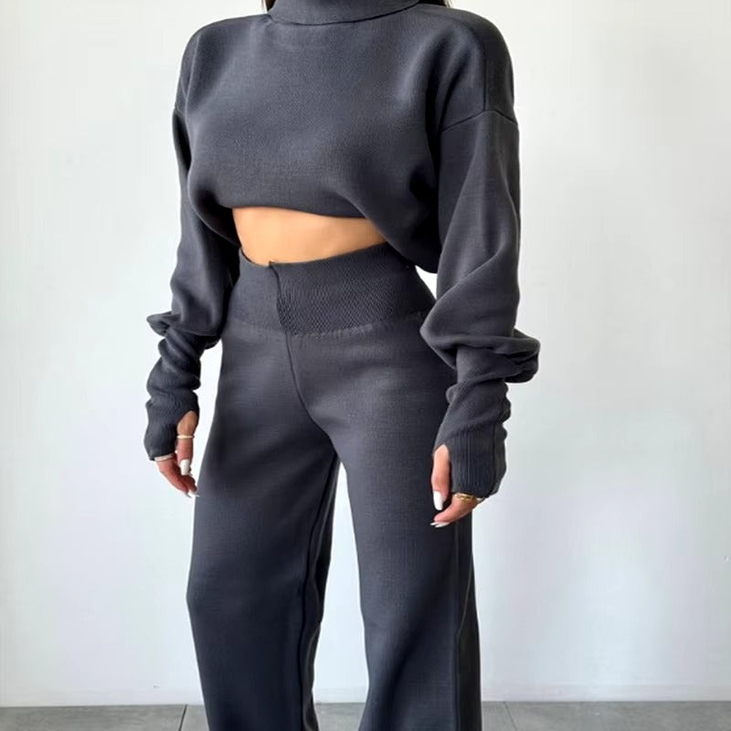 Casual Turtleneck Tops And Loose Wide Leg Pants Two Pieces Sets Mssza