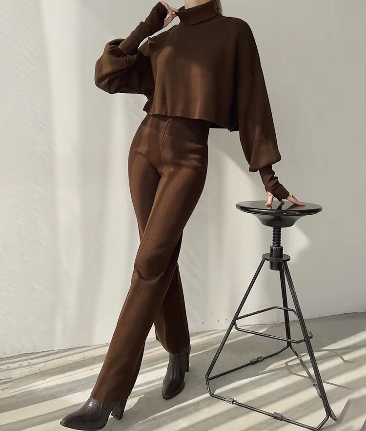 Casual Turtleneck Tops And Loose Wide Leg Pants Two Pieces Sets Mssza