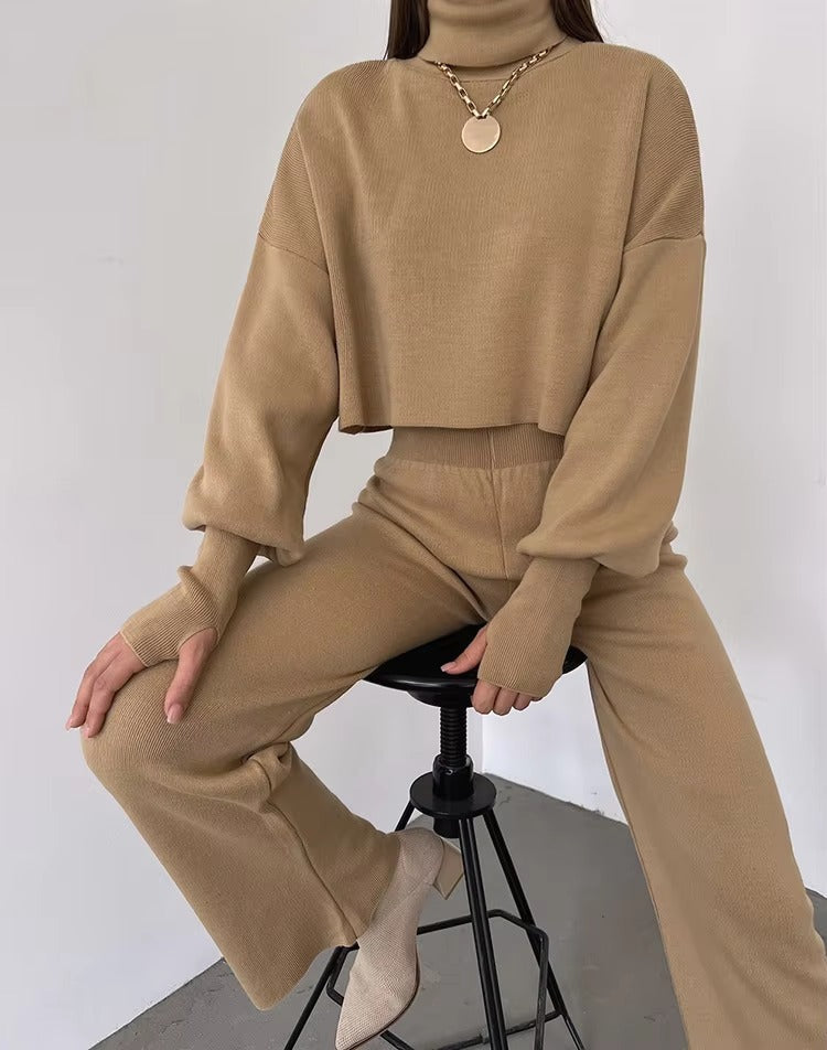 Casual Turtleneck Tops And Loose Wide Leg Pants Two Pieces Sets Mssza