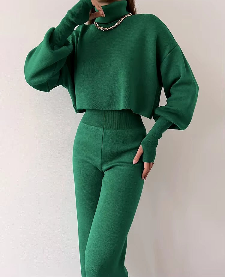 Casual Turtleneck Tops And Loose Wide Leg Pants Two Pieces Sets Mssza
