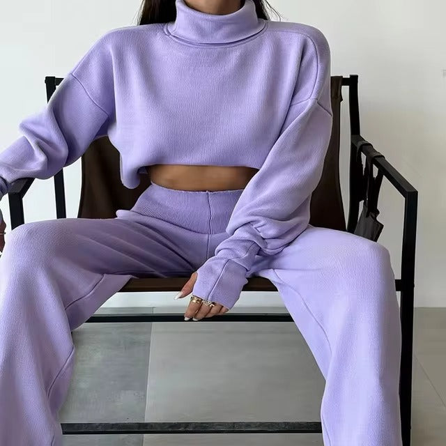 Casual Turtleneck Tops And Loose Wide Leg Pants Two Pieces Sets Mssza