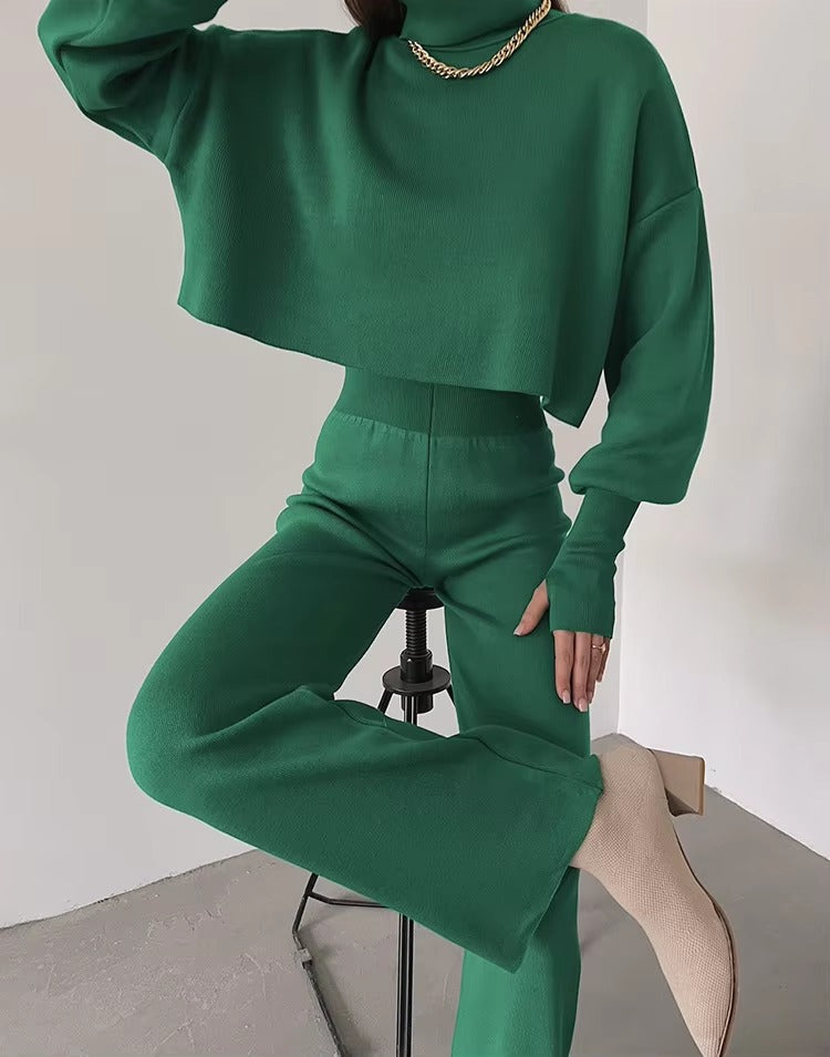 Casual Turtleneck Tops And Loose Wide Leg Pants Two Pieces Sets Mssza