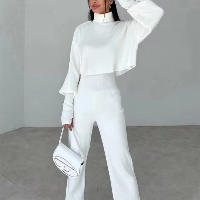Casual Turtleneck Tops And Loose Wide Leg Pants Two Pieces Sets Mssza