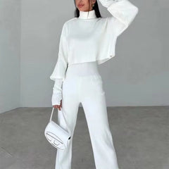 Casual Turtleneck Tops And Loose Wide Leg Pants Two Pieces Sets Mssza