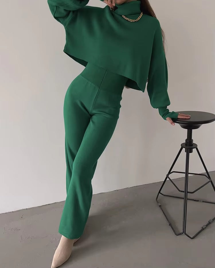 Casual Turtleneck Tops And Loose Wide Leg Pants Two Pieces Sets Mssza