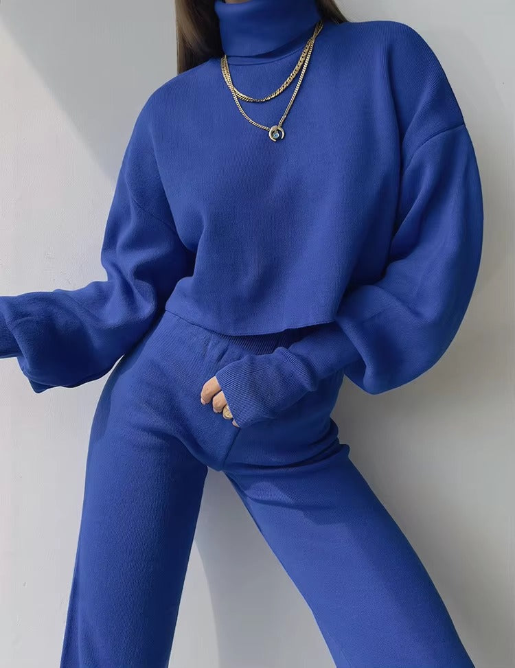 Casual Turtleneck Tops And Loose Wide Leg Pants Two Pieces Sets Mssza