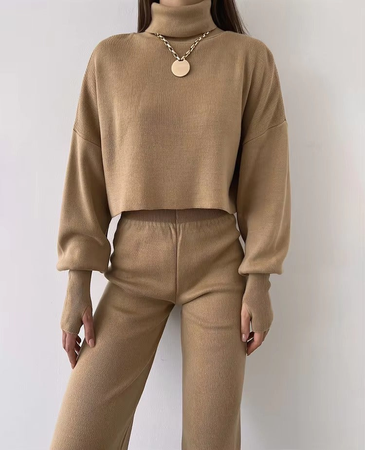 Casual Turtleneck Tops And Loose Wide Leg Pants Two Pieces Sets Mssza