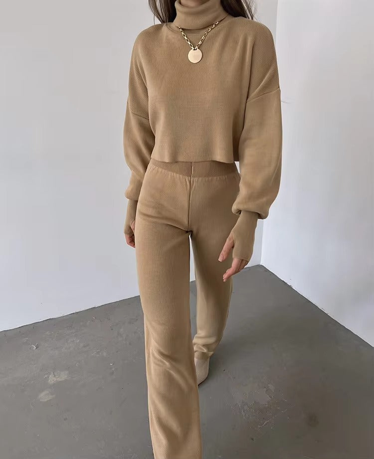Casual Turtleneck Tops And Loose Wide Leg Pants Two Pieces Sets Mssza