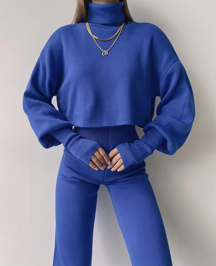 Casual Turtleneck Tops And Loose Wide Leg Pants Two Pieces Sets Mssza