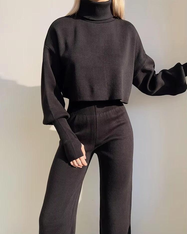 Casual Turtleneck Tops And Loose Wide Leg Pants Two Pieces Sets Mssza