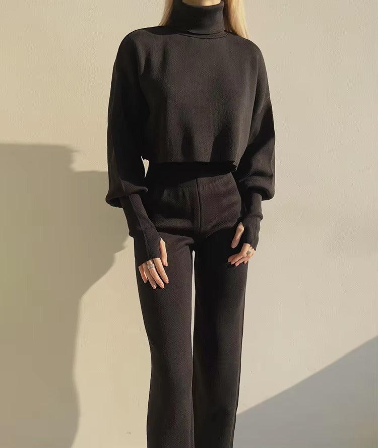 Casual Turtleneck Tops And Loose Wide Leg Pants Two Pieces Sets Mssza