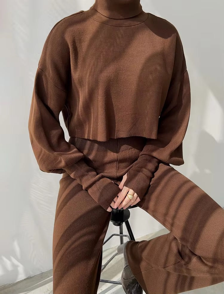 Casual Turtleneck Tops And Loose Wide Leg Pants Two Pieces Sets Mssza