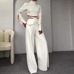 Casual Turtleneck Tops Wide Leg Long Pants Loose Two Piece Sets Mssza