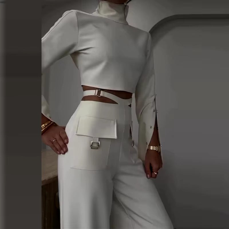 Casual Turtleneck Tops Wide Leg Long Pants Loose Two Piece Sets Mssza