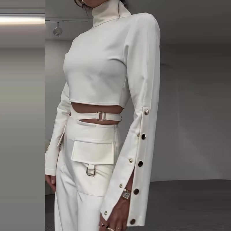 Casual Turtleneck Tops Wide Leg Long Pants Loose Two Piece Sets Mssza