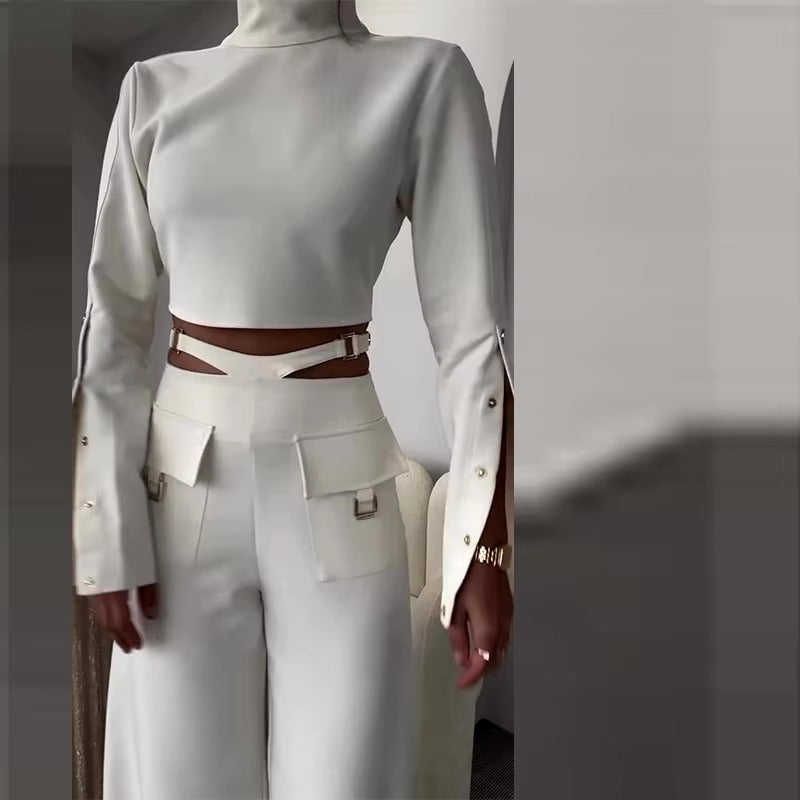 Casual Turtleneck Tops Wide Leg Long Pants Loose Two Piece Sets Mssza