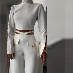 Casual Turtleneck Tops Wide Leg Long Pants Loose Two Piece Sets Mssza