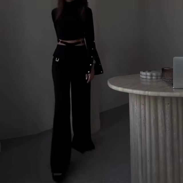 Casual Turtleneck Tops Wide Leg Long Pants Loose Two Piece Sets Mssza