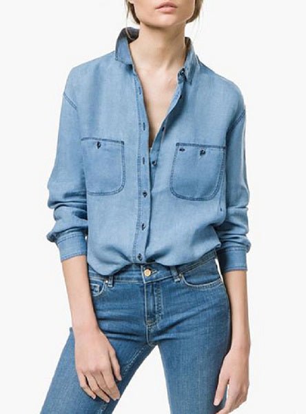 Casual Two Pockets On Chest Long Length Denim Shirt Mssza