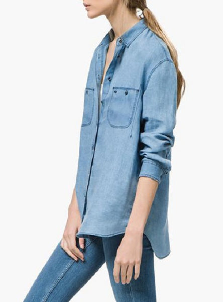 Casual Two Pockets On Chest Long Length Denim Shirt Mssza