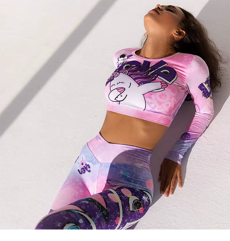 Casual Unicorn Printing High-waist Leggings Sports Yoga Set Mssza