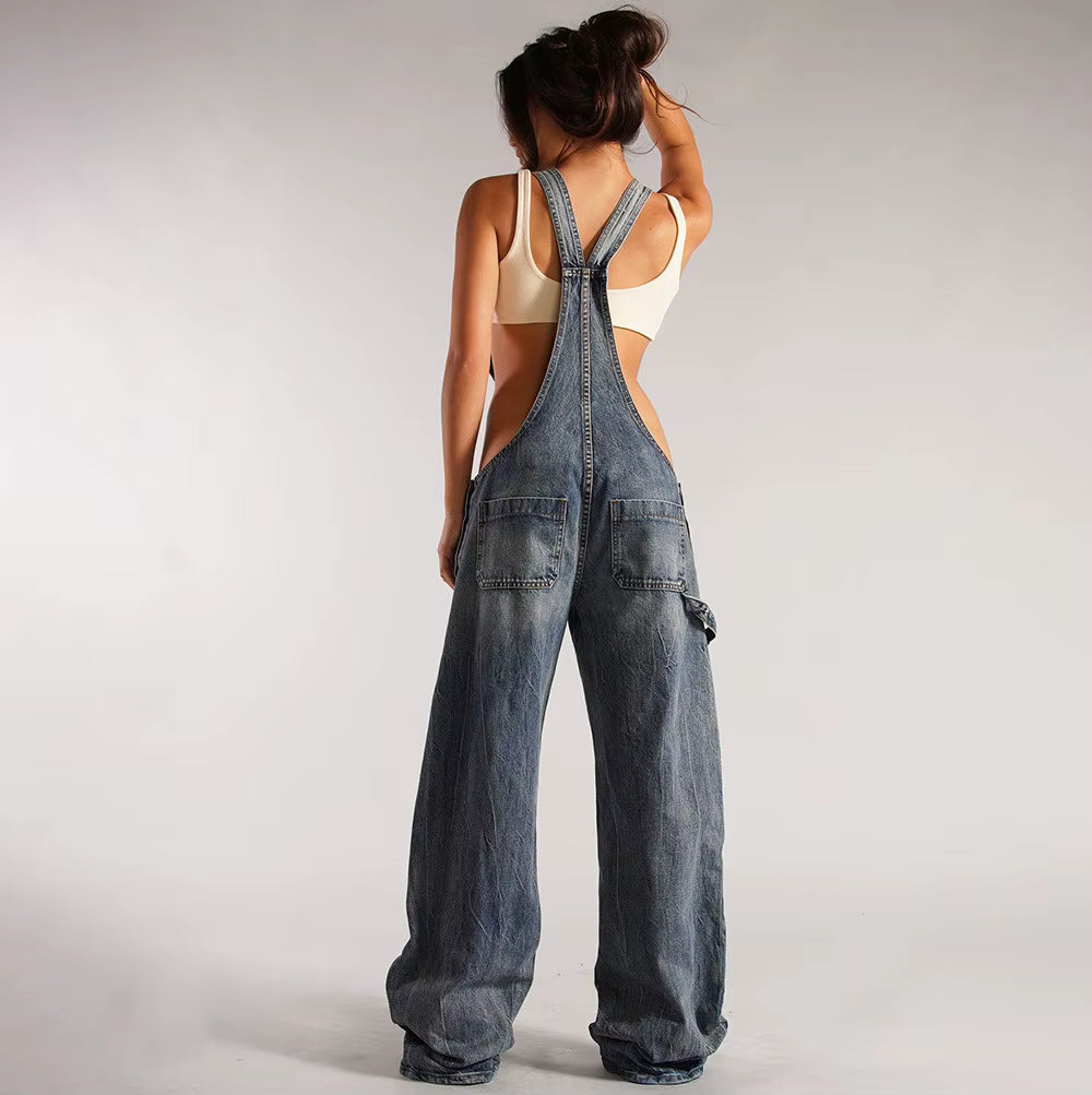 Casual V-Neck Adjustable Straps Loose Baggy Cargo Jean With Pockets Jumpsuits Mssza