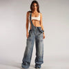 Casual V-Neck Adjustable Straps Loose Baggy Cargo Jean With Pockets Jumpsuits Mssza