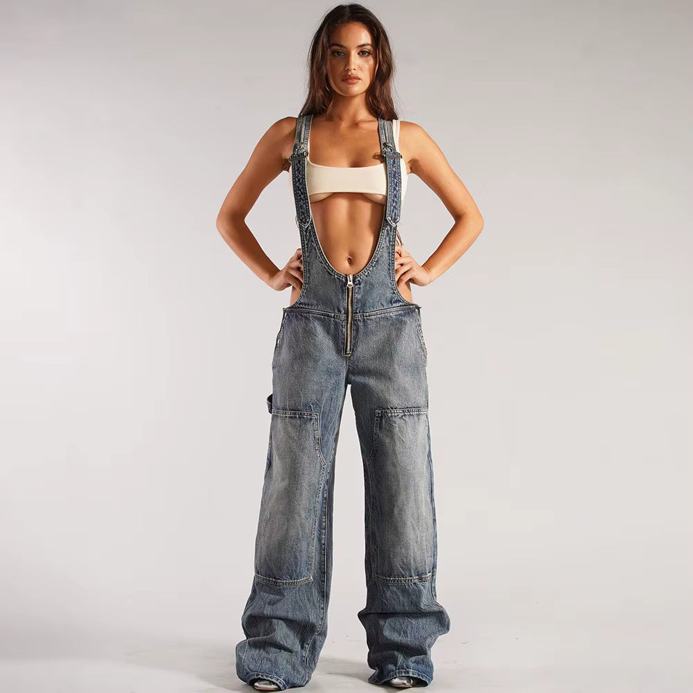 Casual V-Neck Adjustable Straps Loose Baggy Cargo Jean With Pockets Jumpsuits Mssza