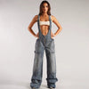 Casual V-Neck Adjustable Straps Loose Baggy Cargo Jean With Pockets Jumpsuits Mssza