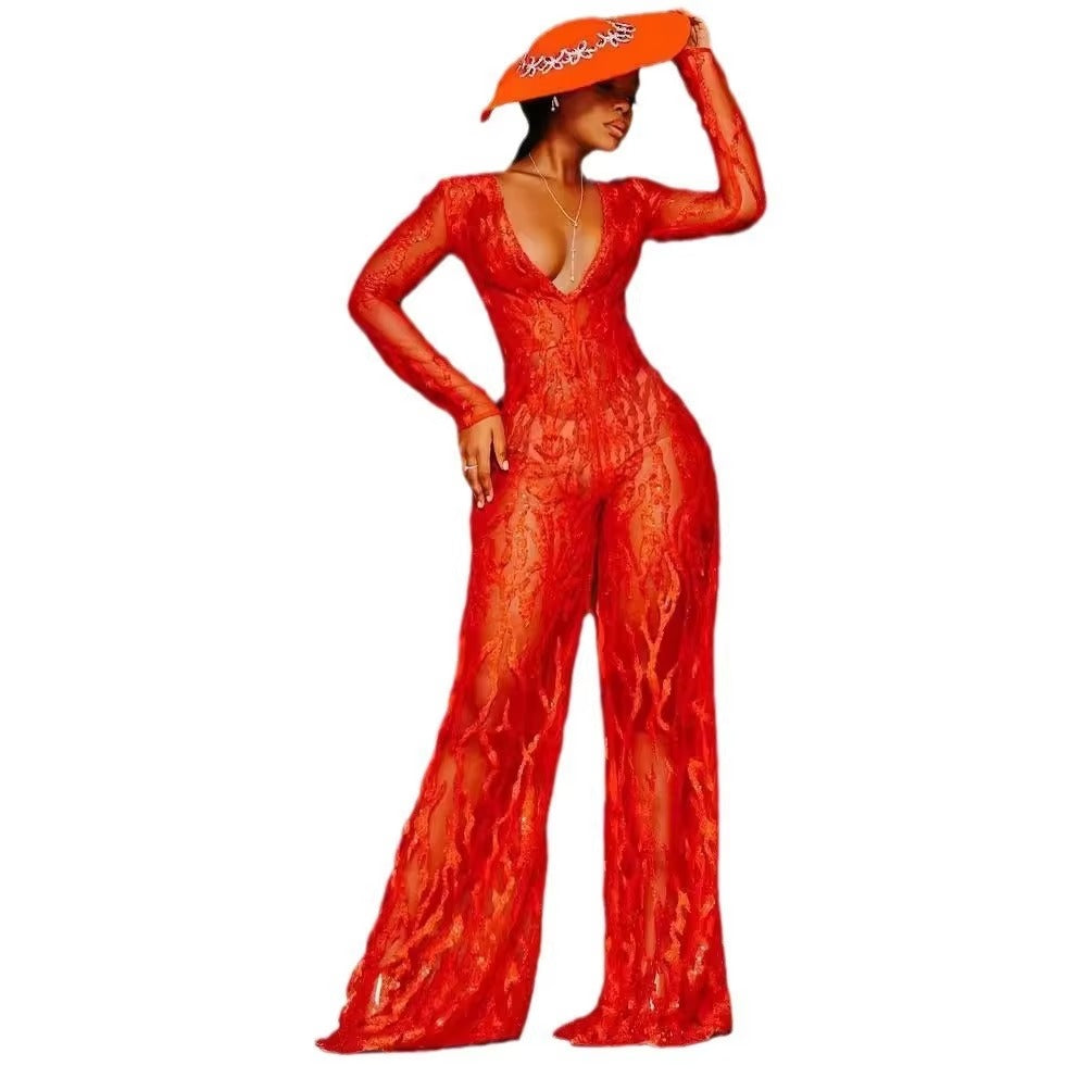 Casual V Neck Lace Up Evening Party Banquet Beach Jumpsuits Full Pant Rompers Mssza