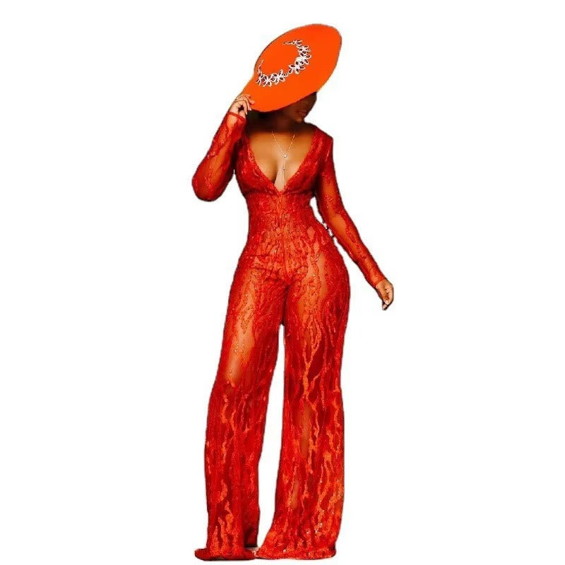Casual V Neck Lace Up Evening Party Banquet Beach Jumpsuits Full Pant Rompers Mssza