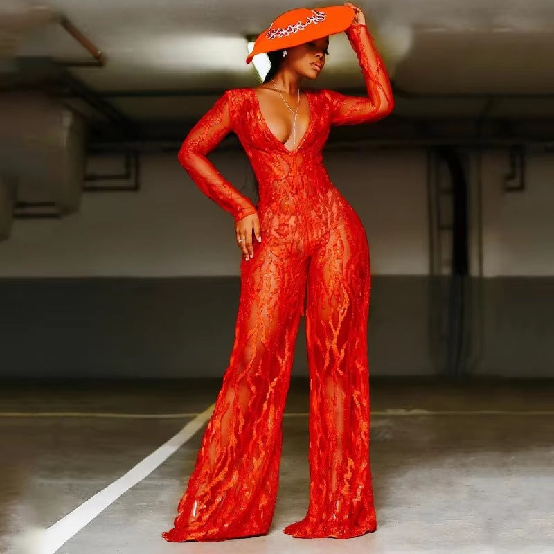 Casual V Neck Lace Up Evening Party Banquet Beach Jumpsuits Full Pant Rompers Mssza
