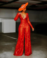 Casual V Neck Lace Up Evening Party Banquet Beach Jumpsuits Full Pant Rompers Mssza