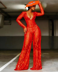 Casual V Neck Lace Up Evening Party Banquet Beach Jumpsuits Full Pant Rompers Mssza