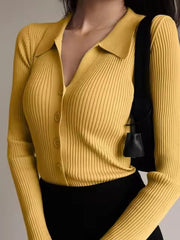 Casual V-Neck Long Sleeve Polo Neck Knit Lapel Slim Crop Tops Mssza