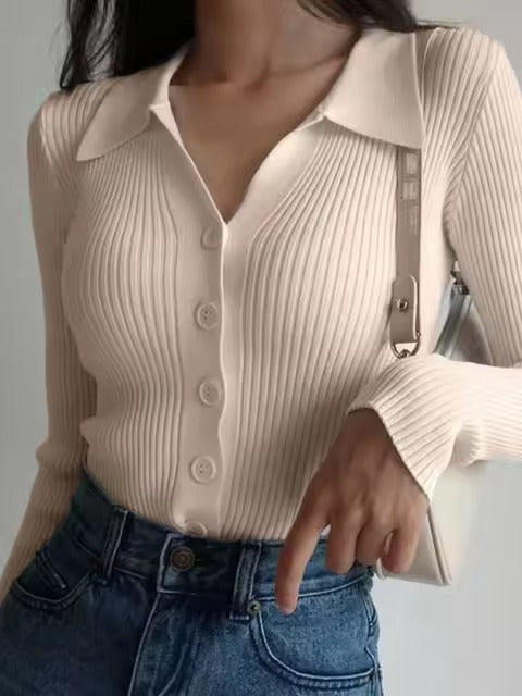 Casual V-Neck Long Sleeve Polo Neck Knit Lapel Slim Crop Tops Mssza
