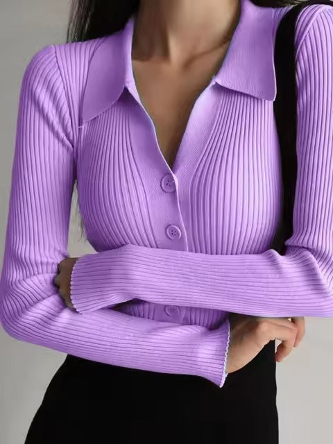 Casual V-Neck Long Sleeve Polo Neck Knit Lapel Slim Crop Tops Mssza