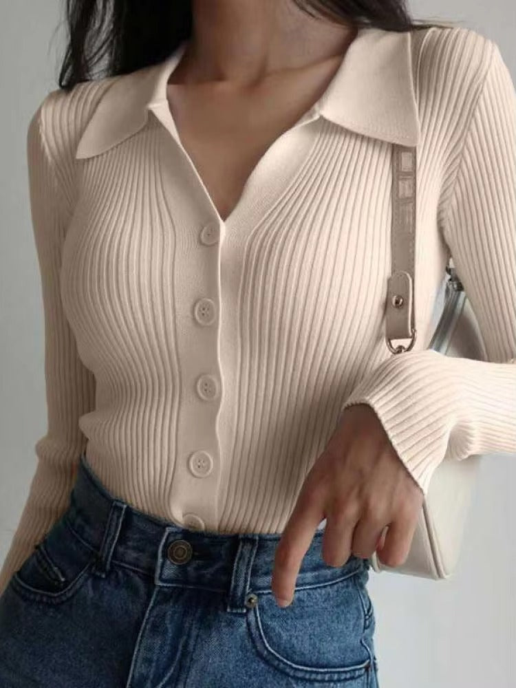 Casual V-Neck Long Sleeve Polo Neck Knit Lapel Slim Crop Tops Mssza