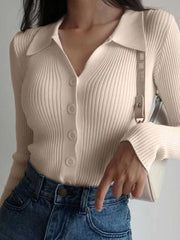 Casual V-Neck Long Sleeve Polo Neck Knit Lapel Slim Crop Tops Mssza