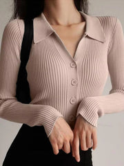 Casual V-Neck Long Sleeve Polo Neck Knit Lapel Slim Crop Tops Mssza