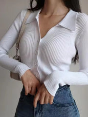 Casual V-Neck Long Sleeve Polo Neck Knit Lapel Slim Crop Tops Mssza