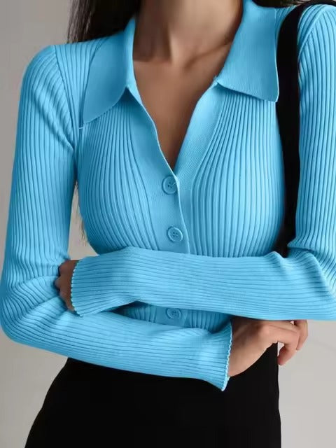 Casual V-Neck Long Sleeve Polo Neck Knit Lapel Slim Crop Tops Mssza