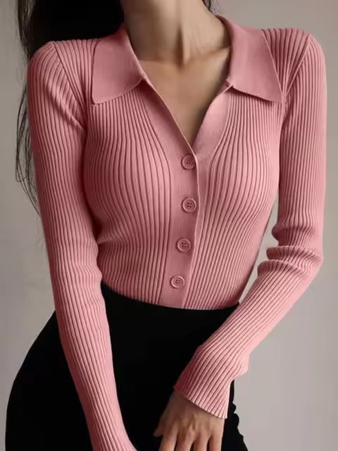 Casual V-Neck Long Sleeve Polo Neck Knit Lapel Slim Crop Tops Mssza